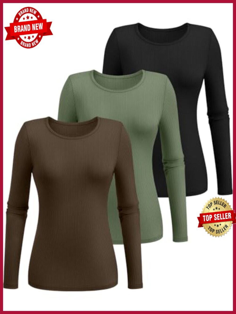 3 Pack Women's Ribbed Long Sleeve Shirts Slim Fit Crew Neck Knit Tops - Picture 2 of 6